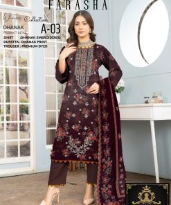 Velvet Maroon Grace – Dhanak Embroidered 3-Piece Suit