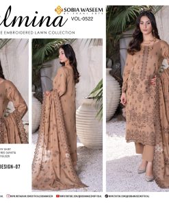 Embroidered Lawn Suit in Caramel Brown with Dupatta