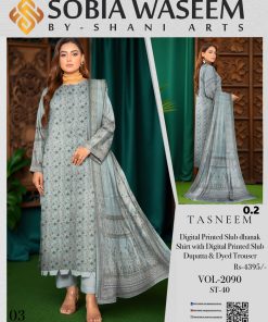 Digital Printed Slub Dhanak 3-Piece Suit – Frosted Blue Charm with Printed Dupatta