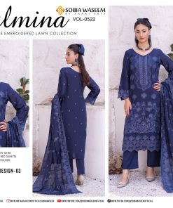 Embroidered Lawn Suit in Midnight Blue with Dupatta