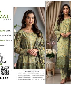 Digital Printed Dhanak 3-Piece Suit with Embroidered Daman Patch – Olive Blossom Elegance