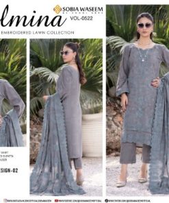 Grey Blue Embroidered Lawn Suit – Bana Doria Shirt, Voil Dupatta & Dyed Cotton Trouser