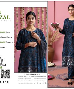 Digital Printed Dhanak 3-Piece Suit with Embroidered Daman Patch – Midnight Blue Blossom