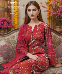 Digital Print Viscose Suit – Crimson Charm