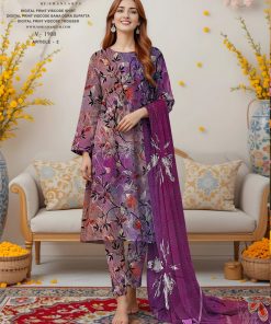 Digital Viscose Printed Suit – Plum & Multicolor Bloom