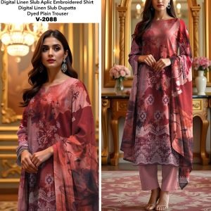Digital Linen Slub 3-Piece Suit – Crimson Bloom