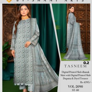 Digital Printed Slub Dhanak 3-Piece Suit – Frosted Blue Charm with Printed Dupatta