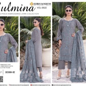 Grey Blue Embroidered Lawn Suit – Bana Doria Shirt, Voil Dupatta & Dyed Cotton Trouser
