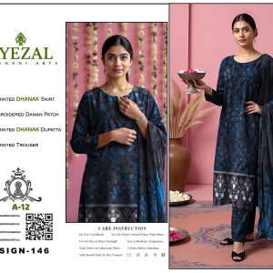 Digital Printed Dhanak 3-Piece Suit with Embroidered Daman Patch – Midnight Blue Blossom