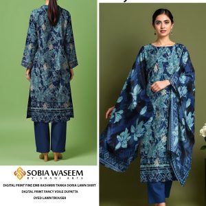 Winter 3-Piece Suit – Navy Blue with Digital Print Dupatta