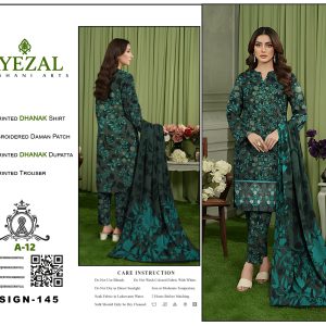Digital Printed Dhanak 3-Piece Suit with Embroidered Daman Patch – Teal Botanical Elegance