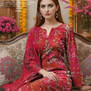 Digital Print Viscose Suit – Crimson Charm