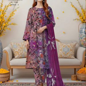 Digital Viscose Printed Suit – Plum & Multicolor Bloom